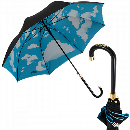 Зонт-трость Moschino 9300-63AUTOA Clouds Multi Женский Черный, Голубой Полуавтомат