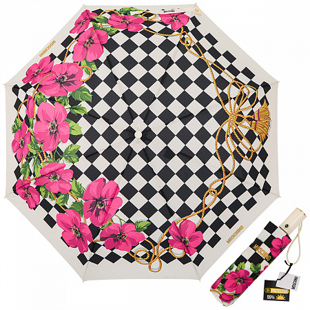 Зонт складной Moschino 8991-OCI Check and flowers Beige Женский Белый, Разноцветный Автомат, система Антиветер