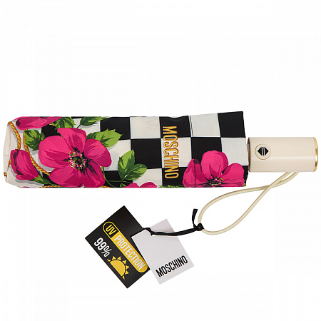 Зонт складной Moschino 8991-OCI Check and flowers Beige Женский Белый, Разноцветный Автомат, система Антиветер