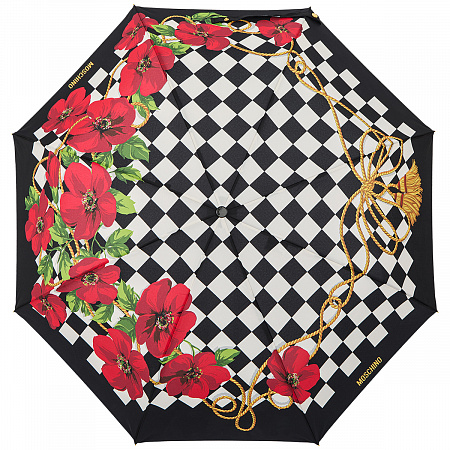 Зонт складной Moschino 8991-OCA Check and flowers Black Женский Черный, Разноцветный Автомат, система Антиветер