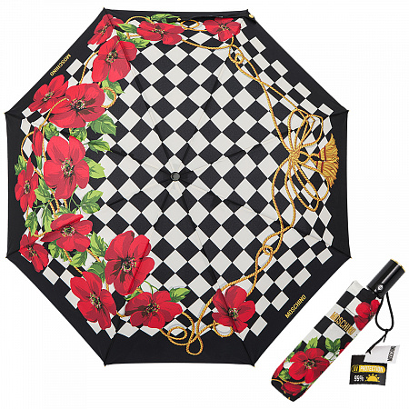 Зонт складной Moschino 8991-OCA Check and flowers Black Женский Черный, Разноцветный Автомат, система Антиветер