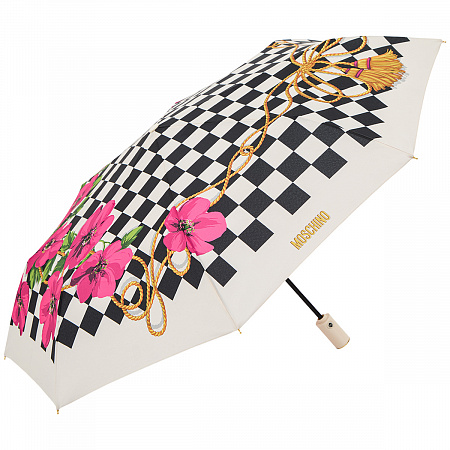 Зонт складной Moschino 8991-OCI Check and flowers Beige Женский Белый, Разноцветный Автомат, система Антиветер