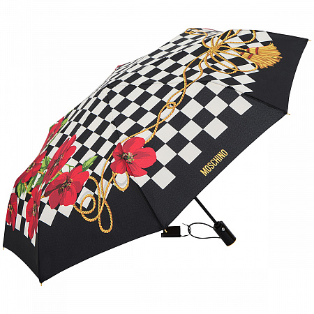 Зонт складной Moschino 8991-OCA Check and flowers Black Женский Черный, Разноцветный Автомат, система Антиветер